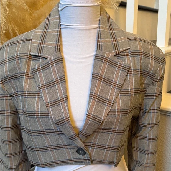 For Love And Lemons Gray Plaid Crop Blazer Size Small - Picture 6 of 10